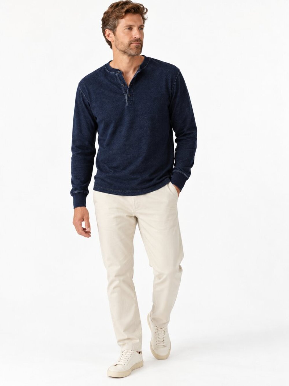Buck Mason Yuma Dipper Long Sleeve Henley in indigo dipped NWT